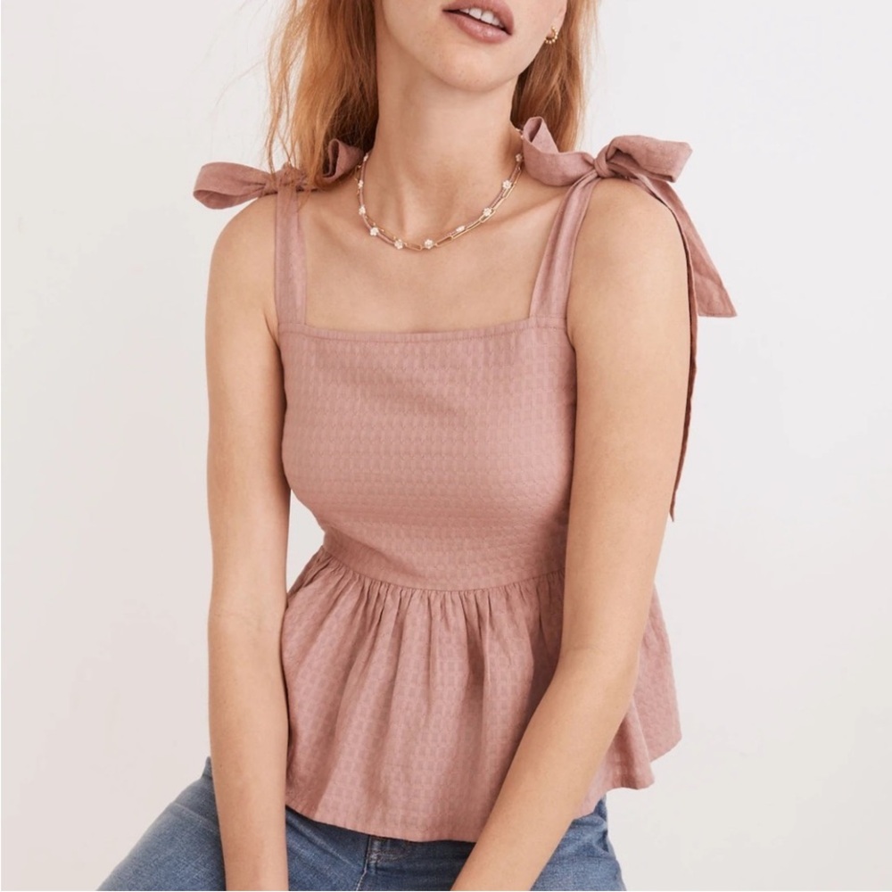 Madewell Rosalie Tie-Strap Top in Textured Gingham Faded Mauve Pink. Size XXL.